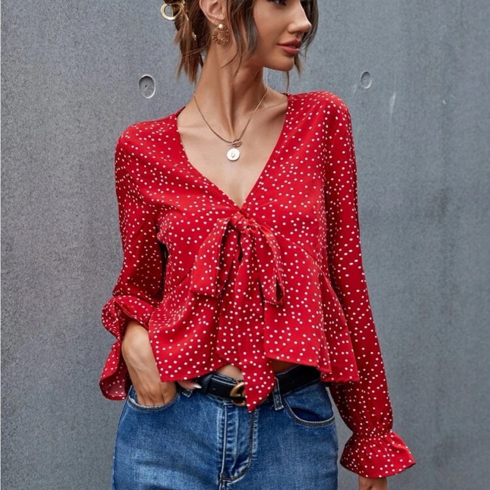 A1- 415 Red polka dot long sleeve top blouse size medium